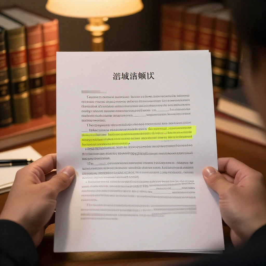 人在書房燈光下細讀法院判決書,重點標註緩刑與罰金轉換部分,周圍堆滿法律書籍