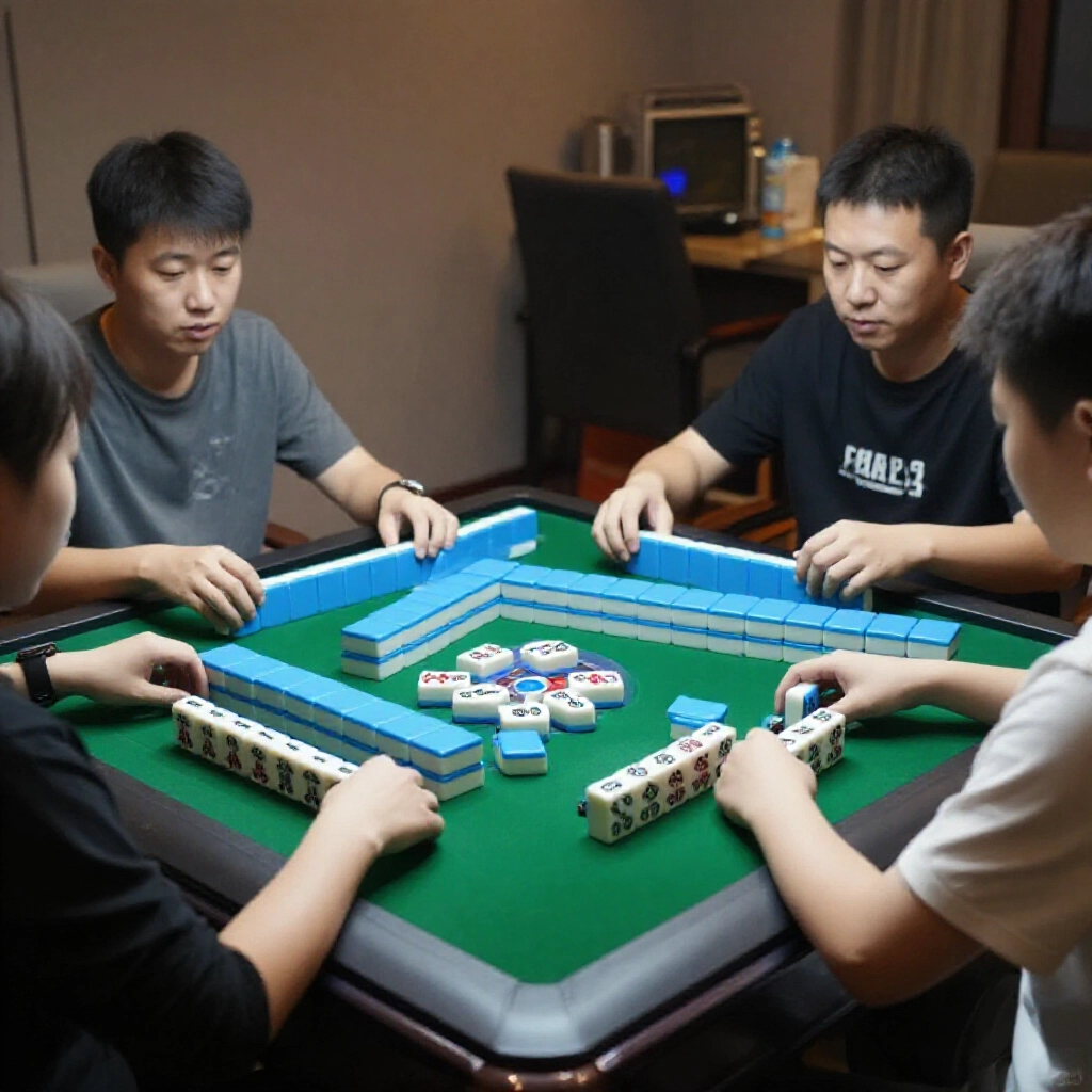tense mahjong table moment player declares ting pai listening state others discard tiles cautiously dim room lighting focused expressions strategic gameplay atmosphere
