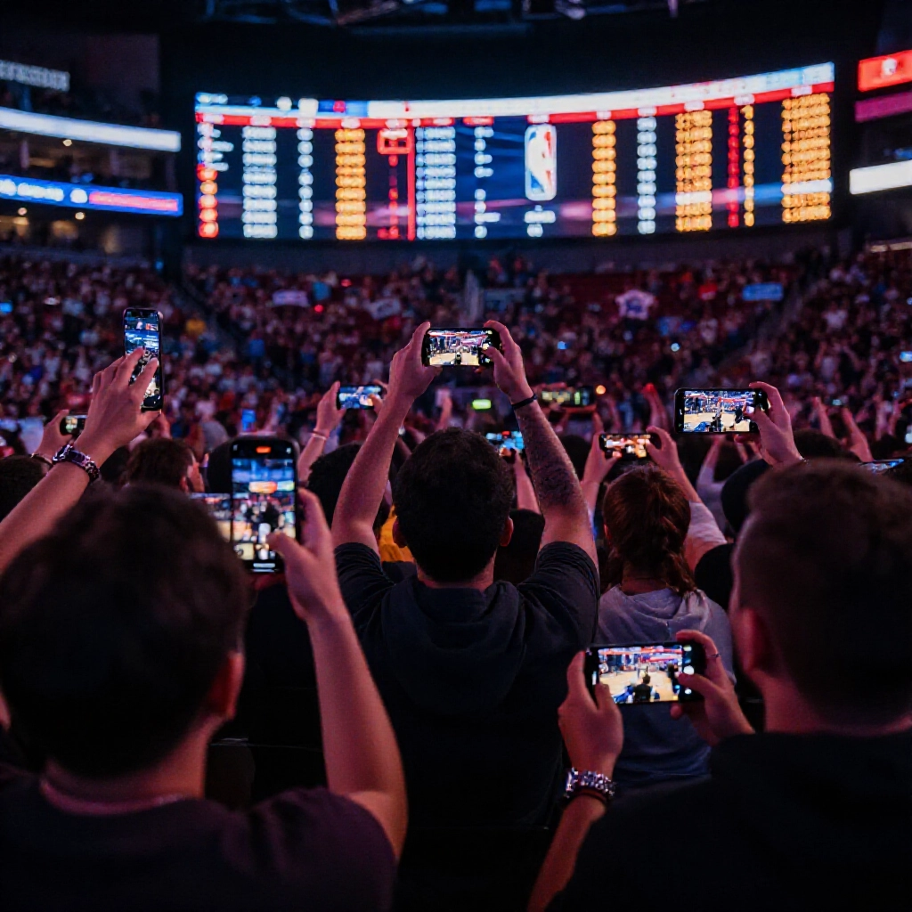玩家用手機追NBA直播,賽事賠率即時變動,充滿球場熱血氛圍