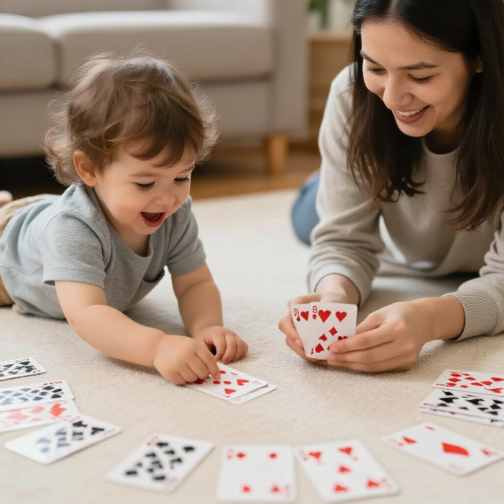 adorable toddler and parent flipping poker cards face up on floor comparing red hearts and numbers counting aloud with excited expressions cozy play mat scattered with black and red suits gentle indoor lighting