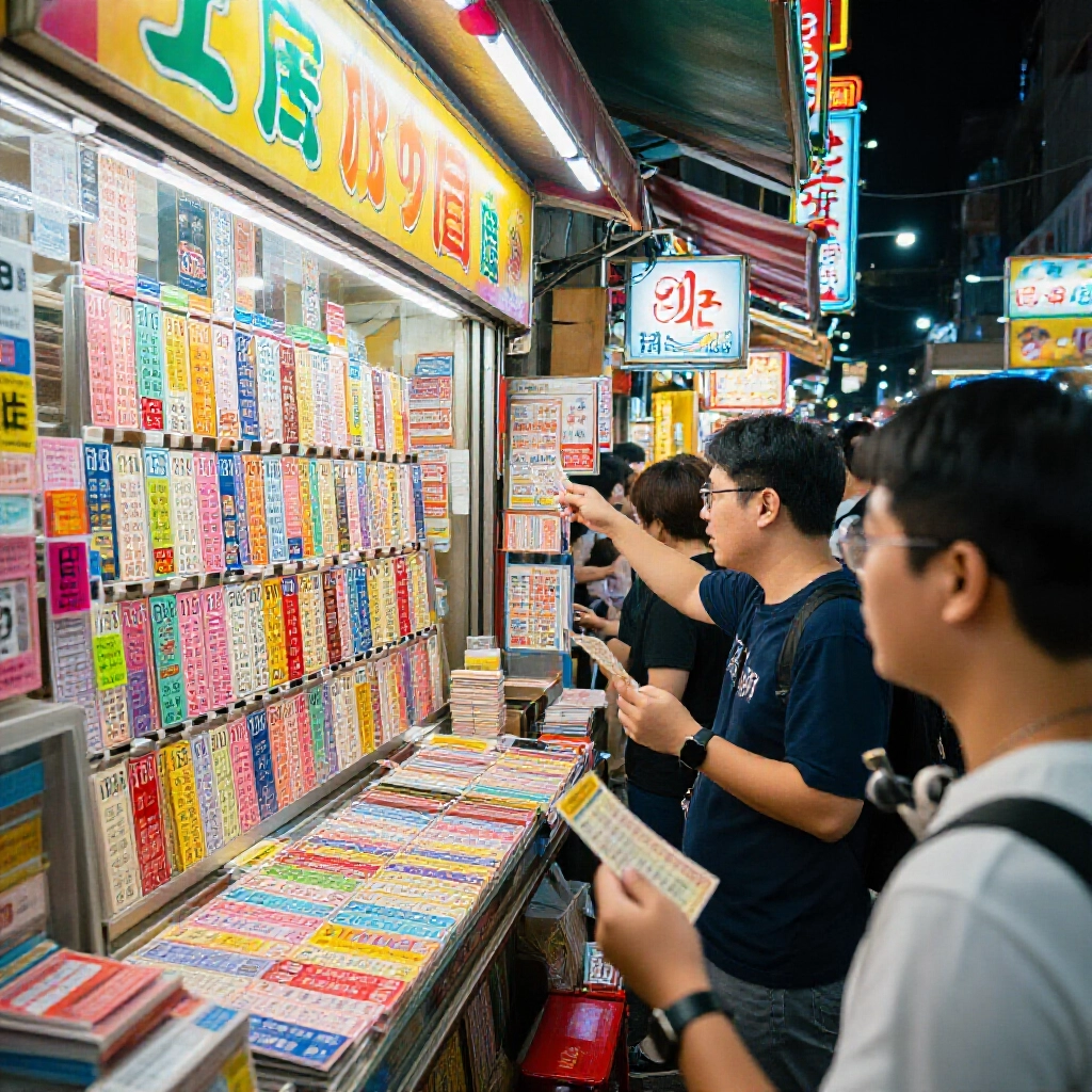 台灣夜市彩票店熱鬧景象，玩家興奮選號，霓虹燈光閃爍人聲鼎沸