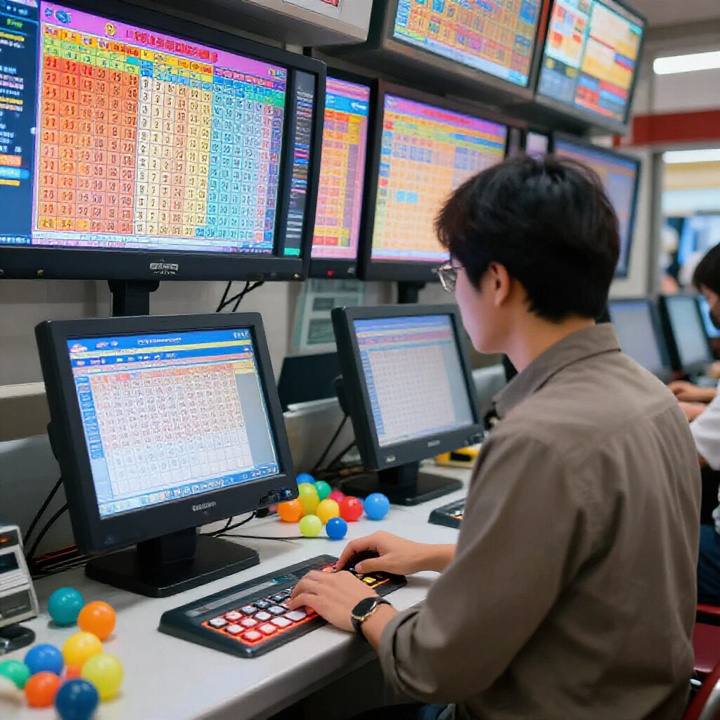 台灣玩家在投注站櫃檯前猶豫,按電腦選號還是手動從 01 到 39 挑數字,機台螢幕閃亮,彩球散落一旁