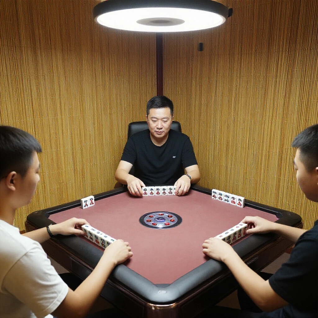 三位玩家三角桌配置,莊家逆時針發16張牌,傳統竹牆房間,柔和燈光下專注持牌表情