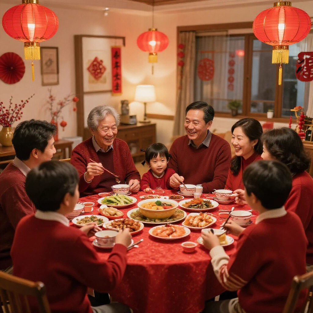 台灣過年家庭聚會,大家圍天九牌桌笑鬧出招,客廳紅燈籠添喜氣