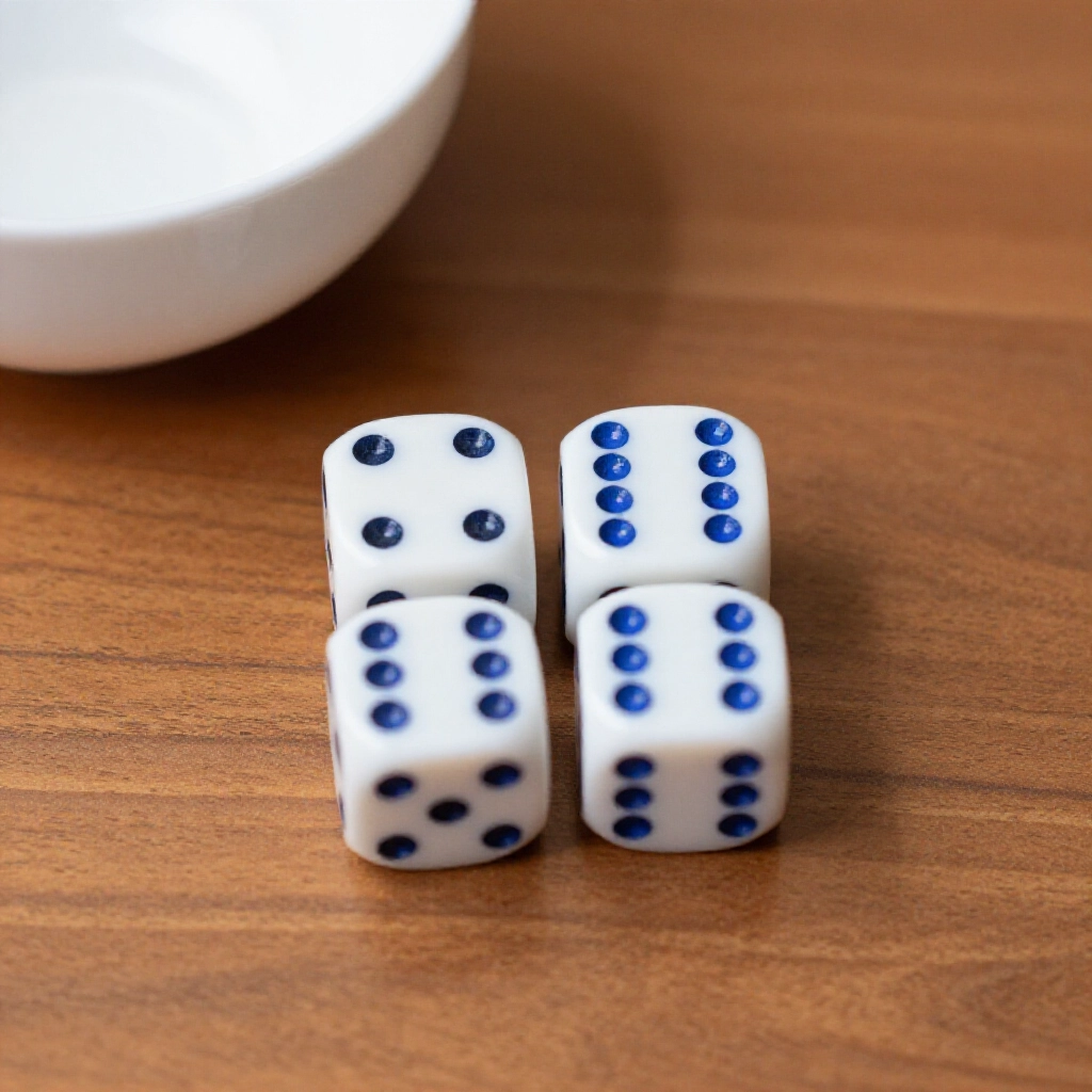 Closeup diagram of four dice showing pair of threes with five and six highlighted calculating eleven points on wooden table with bowl nearby illustrating eighteen dice scoring rules clearly