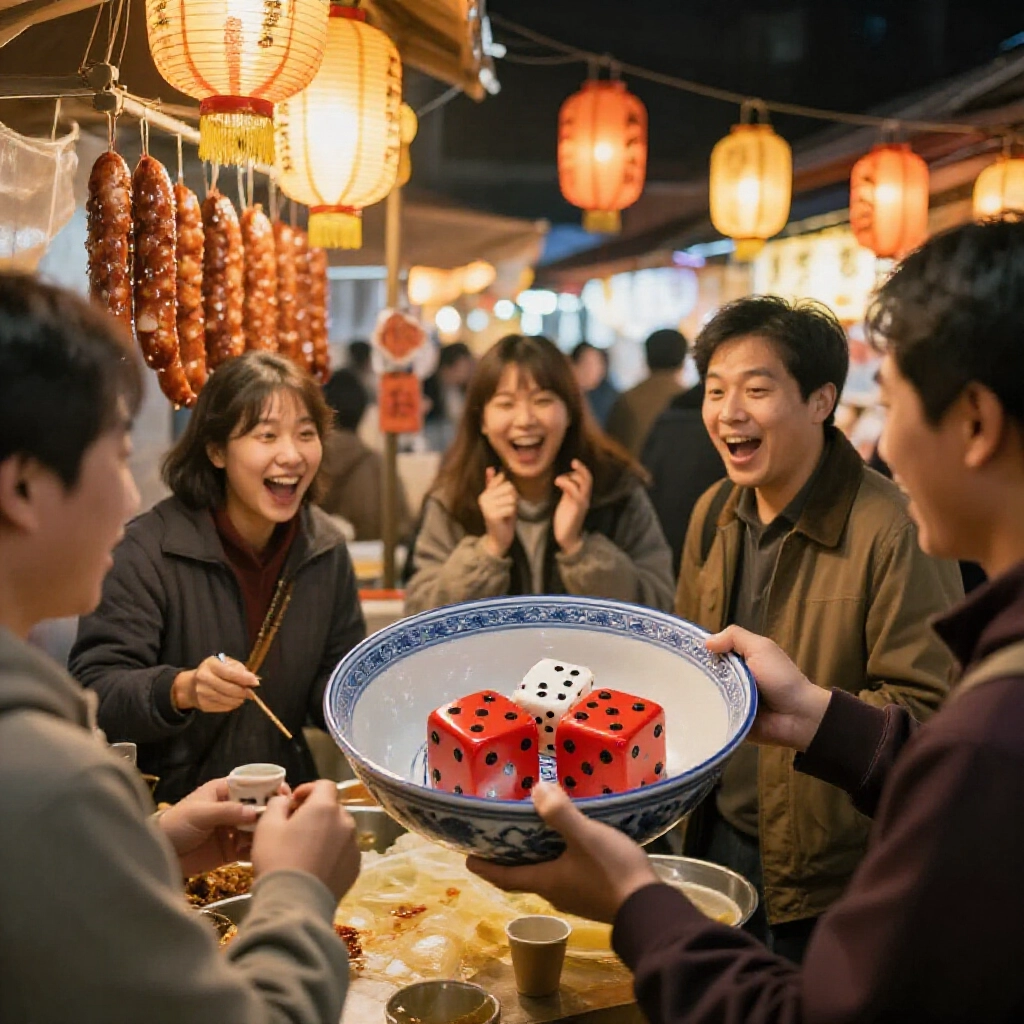 Lively Taiwanese sausage stall at night market with group of friends excitedly shaking large porcelain bowl containing four traditional red black dice under glowing lanterns capturing festive social gaming atmosphere