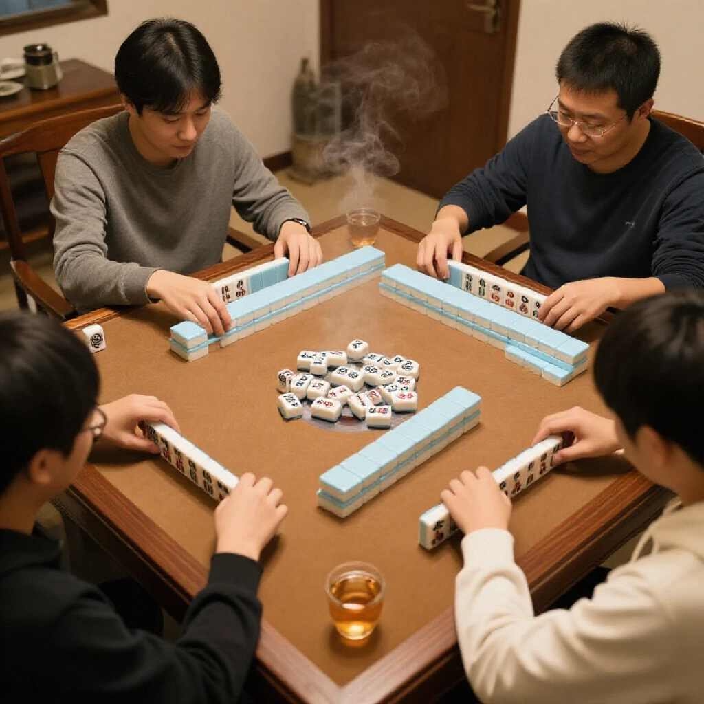 玩家擲骰定位子,圍桌砌牌牆,台灣客廳氛圍熱鬧,旁邊還冒著熱氣的茶
