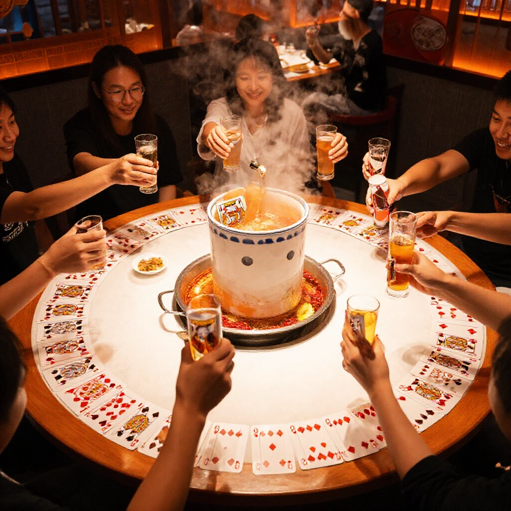 熱炒店圓桌中央大杯，周圍撲克牌攤開，玩家抽K牌倒飲料，熱氣騰騰食物旁歡呼不斷