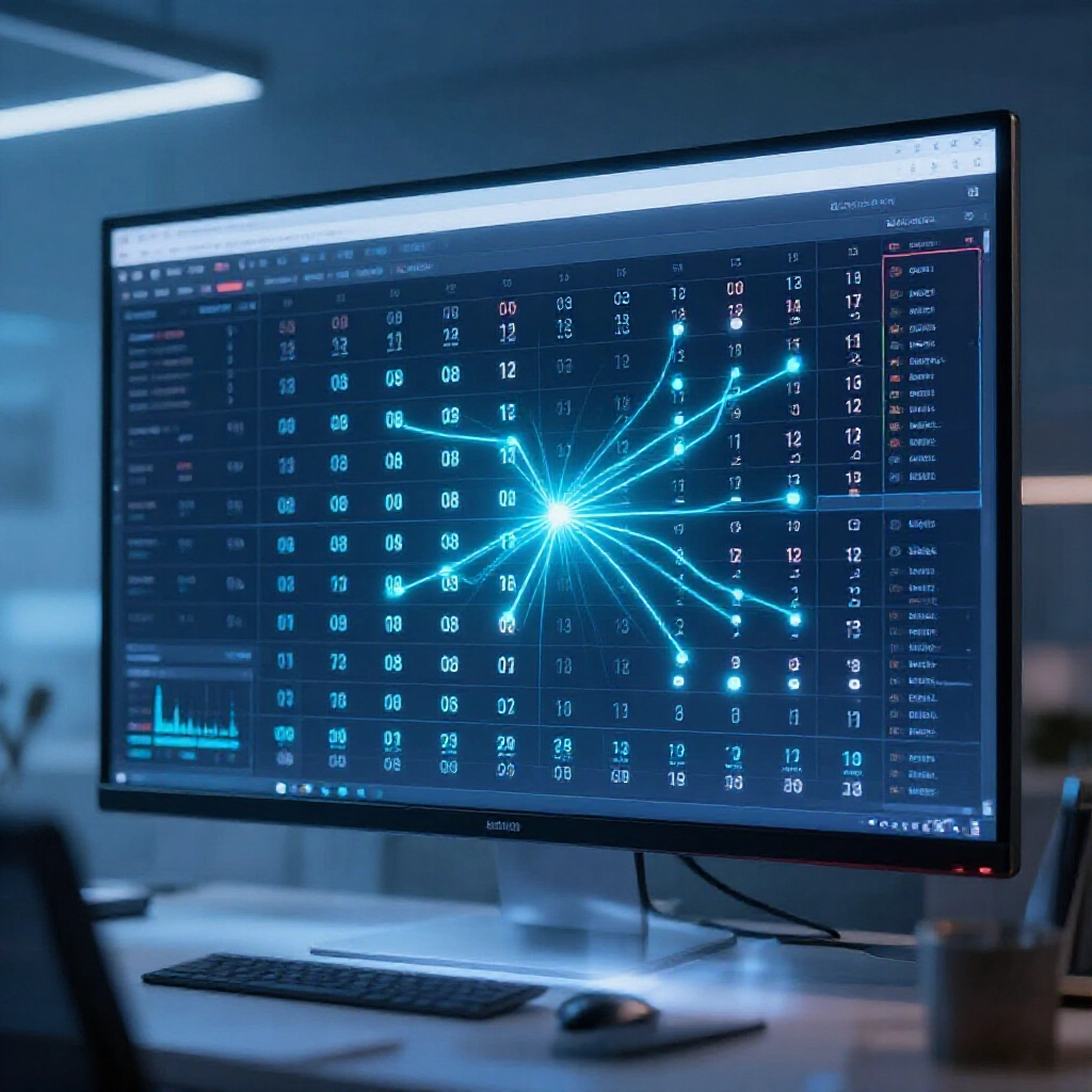 Digital dashboard showing lottery number history charts with glowing association lines between specific numbers like 08 and 12 in a modern analytics room soft blue ambient lighting