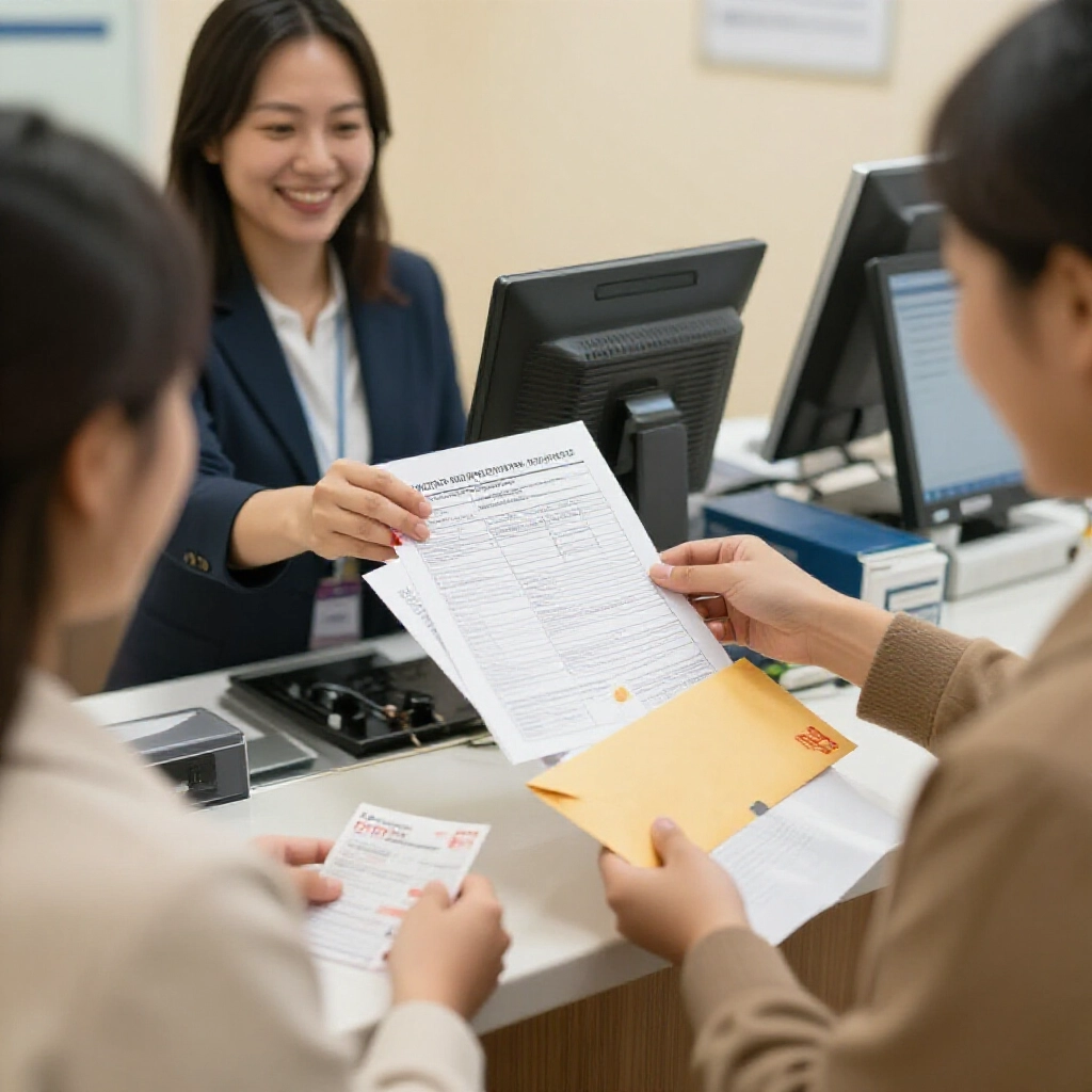銀行櫃檯兌獎步驟圖，文件現金稅務資料，溫暖燈光親切櫃員幫忙，開心客戶安全信賴氛圍