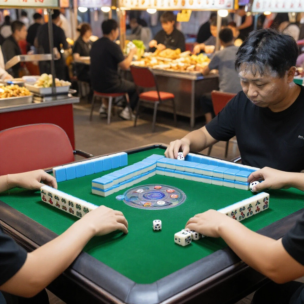 夜市麻將桌兩人比13張跟16張手牌，骰子定起點，旁邊小吃攤熱鬧氛圍
