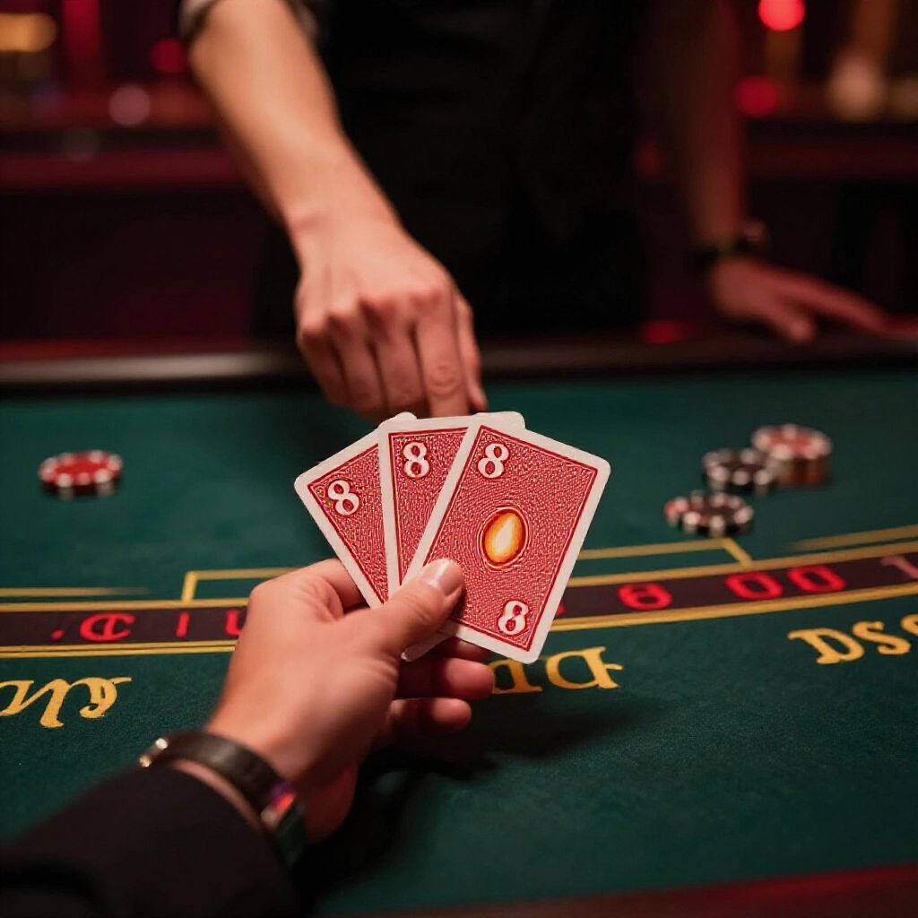 dimly lit luxurious casino baccarat table with dealer hand holding two cards for player and banker positions glowing natural eight point total stopping third card dramatic red and gold lighting tense atmosphere