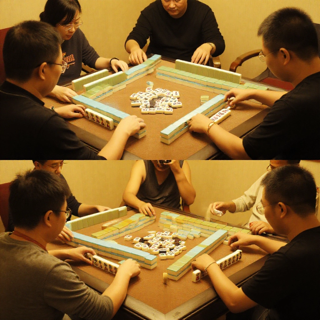 Split view contrasting cluttered four-player mahjong with streamlined three-player tube-and-bamboo setup, highlighting faster tile cycling and intense concentration in warm tones.