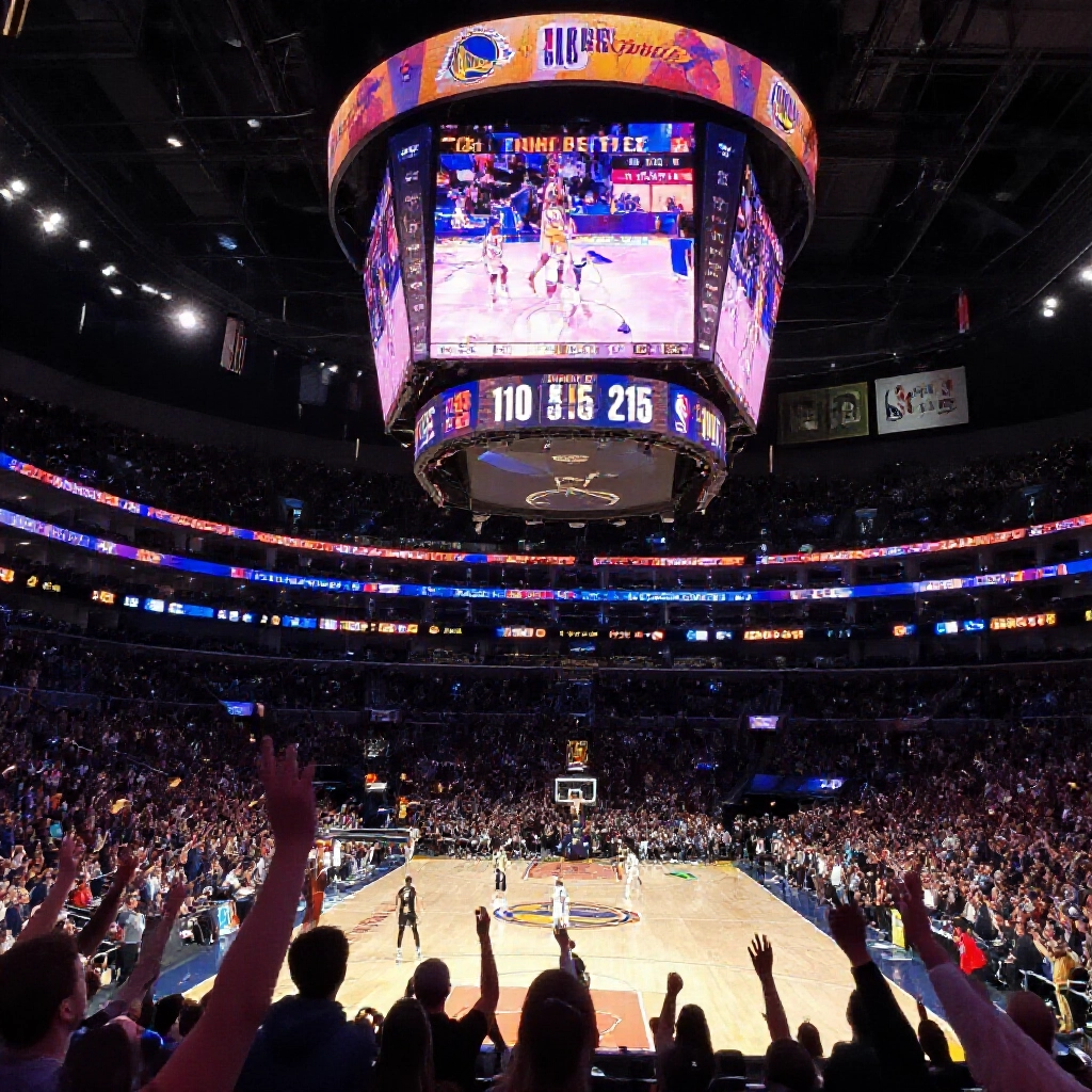 NBA湖人對勇士計分板顯示110比105,總分215奇數,球迷熱烈歡呼球員動作正酣