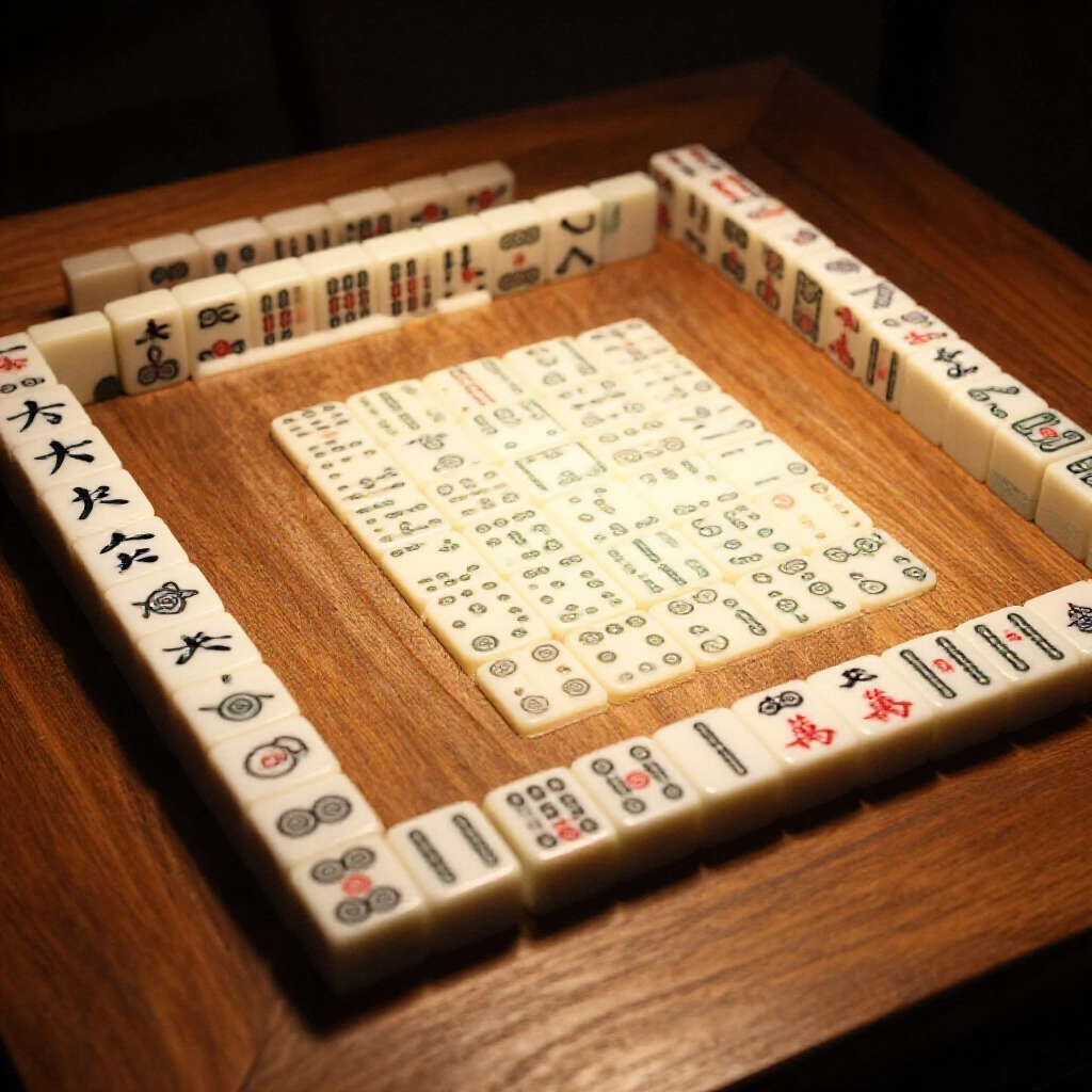 傳統天九牌遊戲,32張骨牌攤在木桌上,分文子對子跟武子單張,暖光照點數跟階級清楚