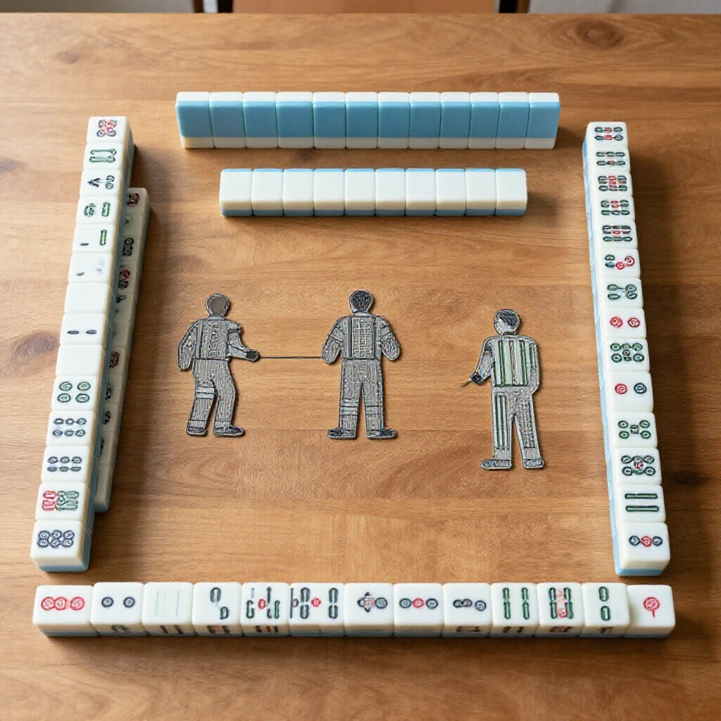 Overhead diagram of three-player mahjong wall with 108 tiles in 18 stacks per side, reserving 12 end stacks on a wooden table in soft daylight.