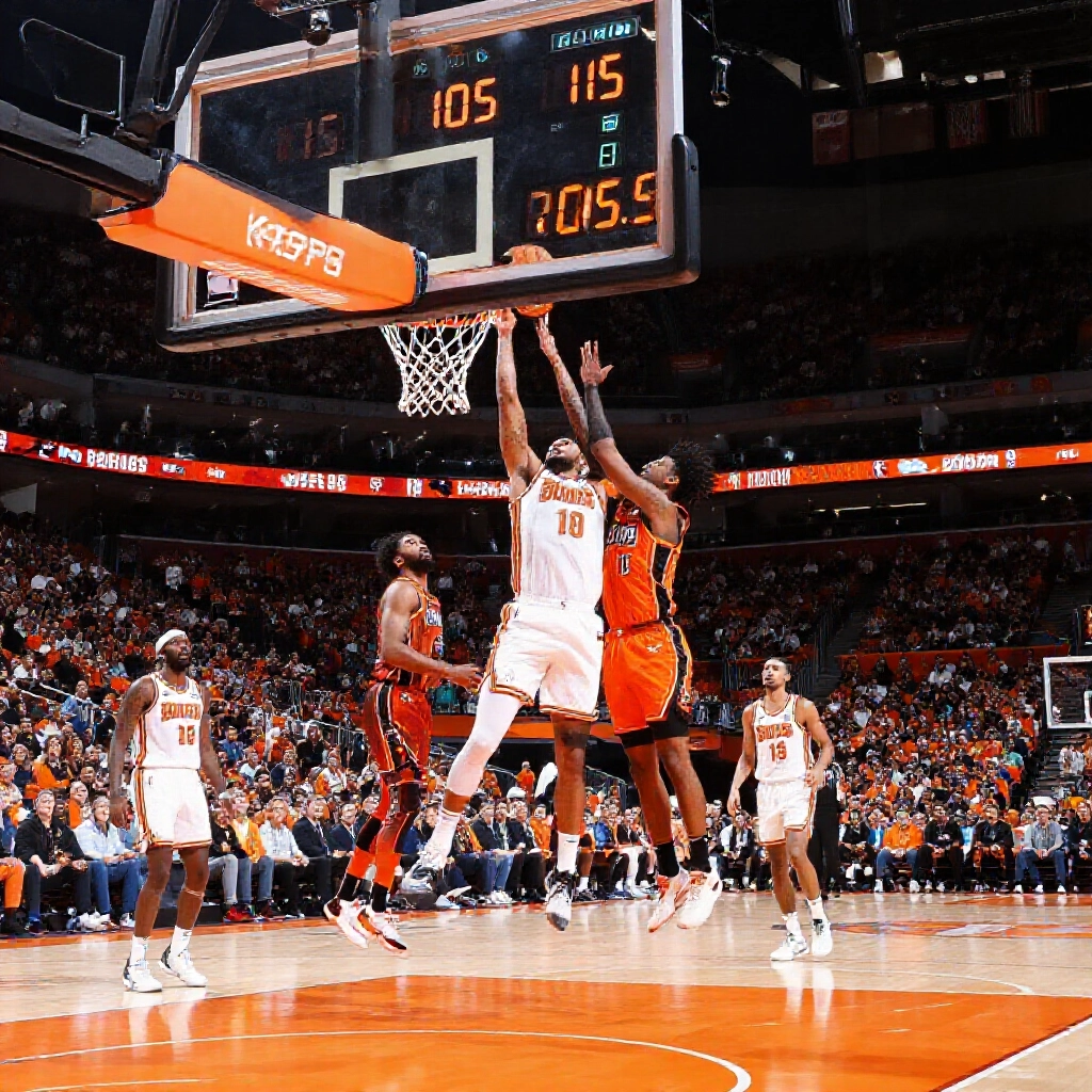 high energy NBA basketball overtime with players leaping and scoreboard surpassing total line amid roaring crowd