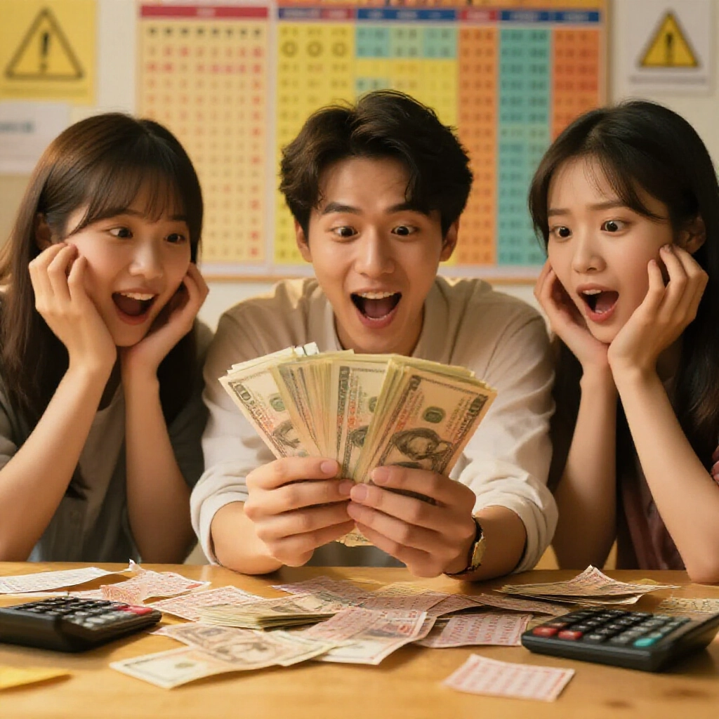 興奮的中獎場面在溫暖金光中，手持厚厚一疊現金，周圍散落樂透票屑與顯示獲利公式的計算機，背景彩色派彩賠率表，臉上喜悅卻謹慎的表情，隱約可見風險警告圖示
