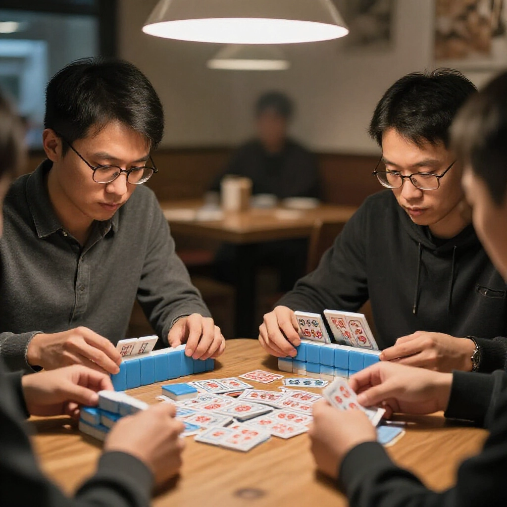 兩位玩家在咖啡廳桌邊,各握34張紙牌麻將,專注挑選最佳16張組合