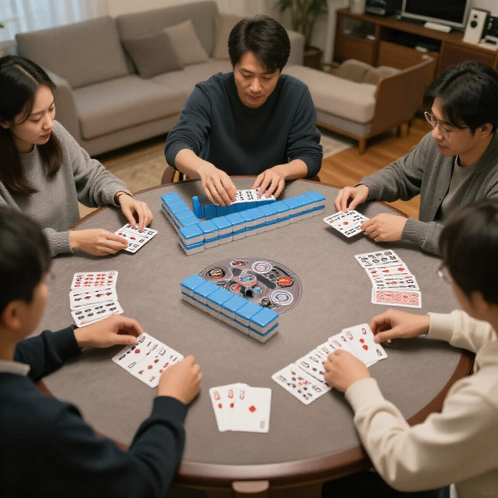 玩家熟練交叉洗牌紙牌麻將,順時針發牌給桌邊夥伴