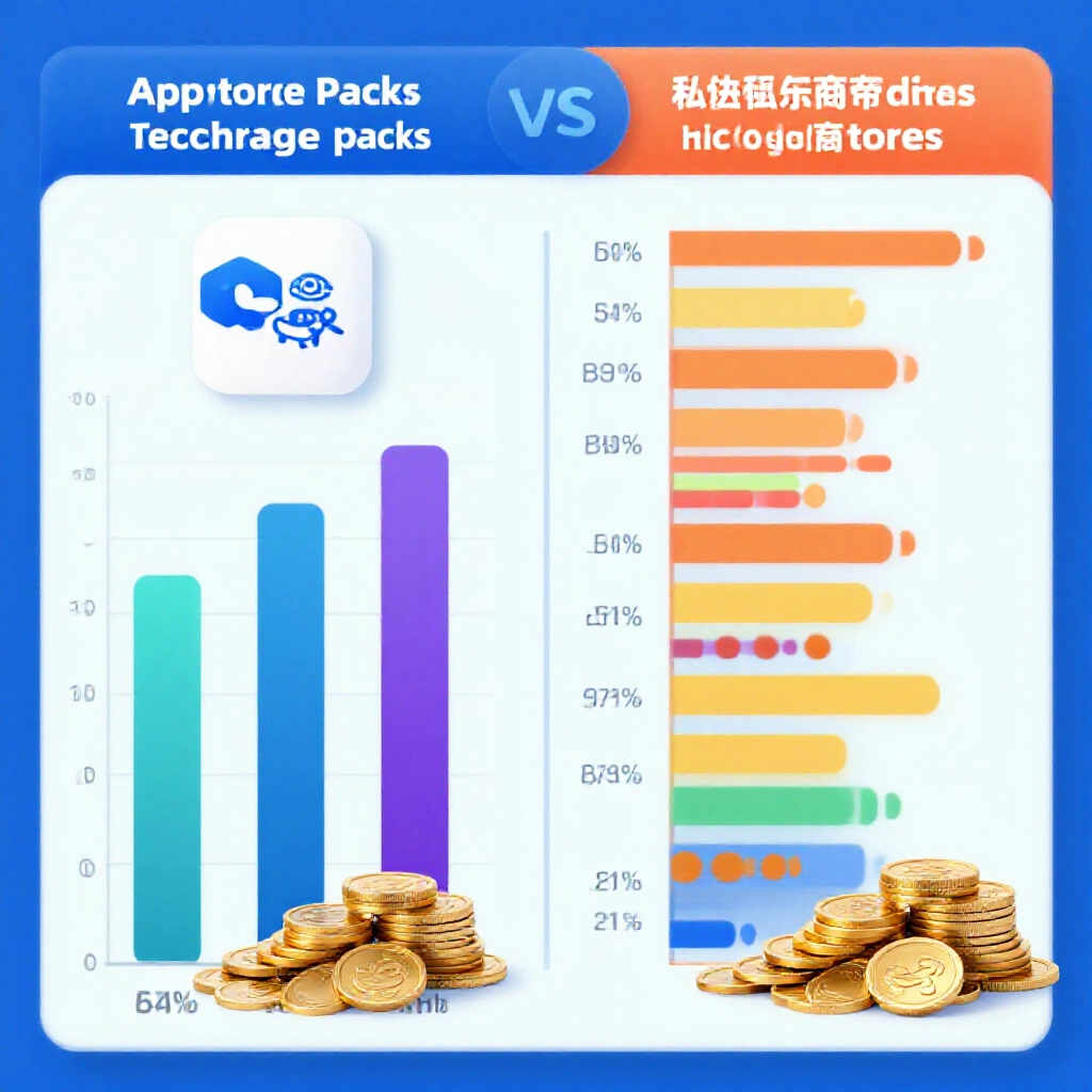 資訊圖表對比App商店與超商官方儲值包，對照民間幣商更高金幣比例，五顏六色長條圖與金幣堆強調價格差異