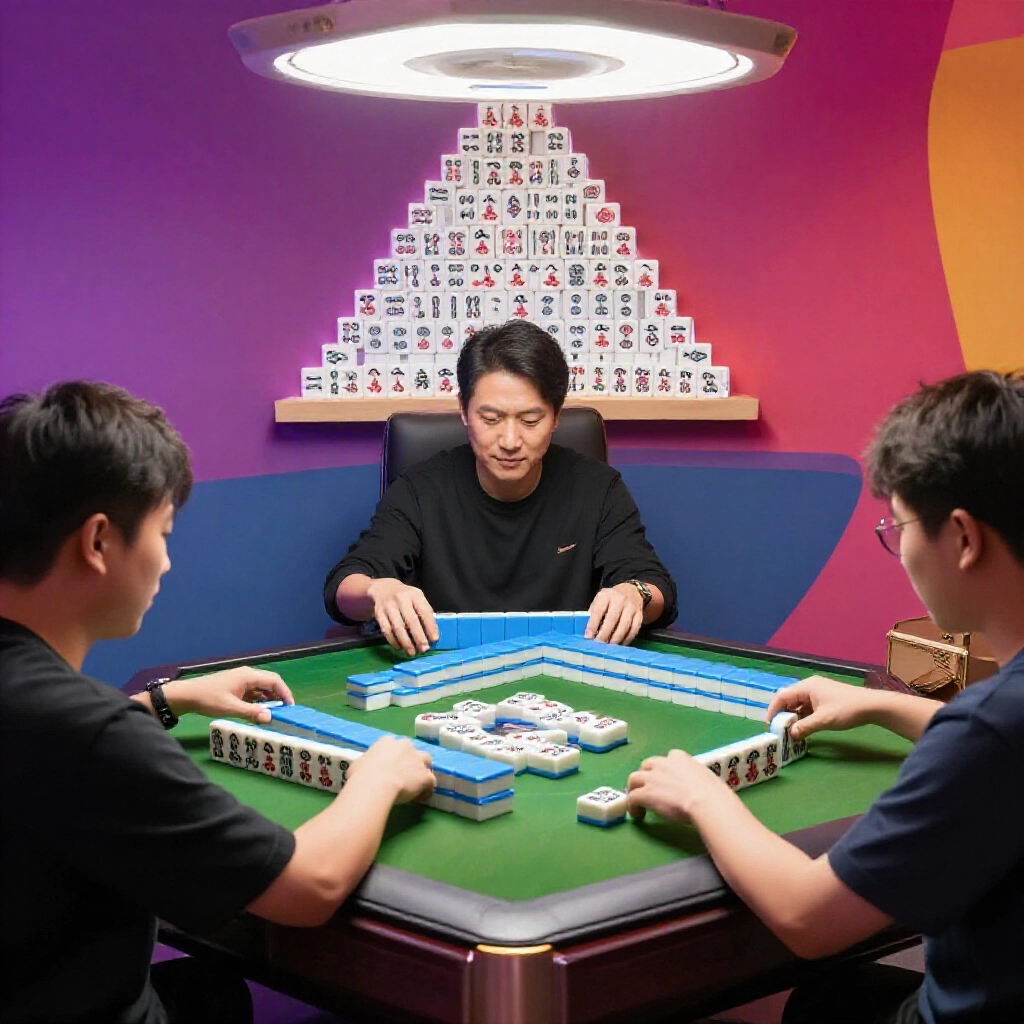 Three players sorting mahjong tiles at a round table, removing wan suits to form a triangular wall of 18 stacks each under vibrant lighting with focused gameplay.