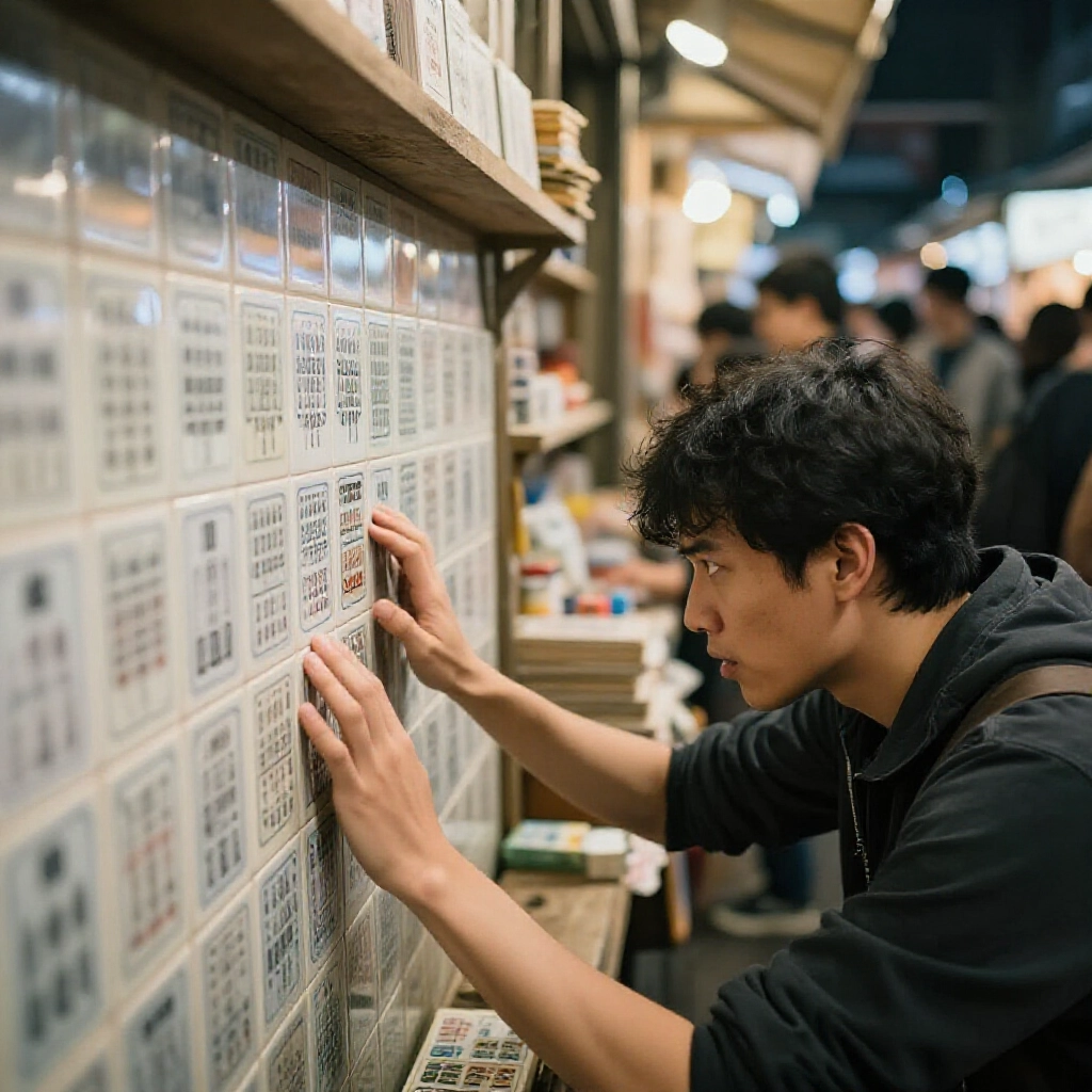 夜市玩家摸牌快胡但卡住，架上獎品，背景擁擠人群柔光