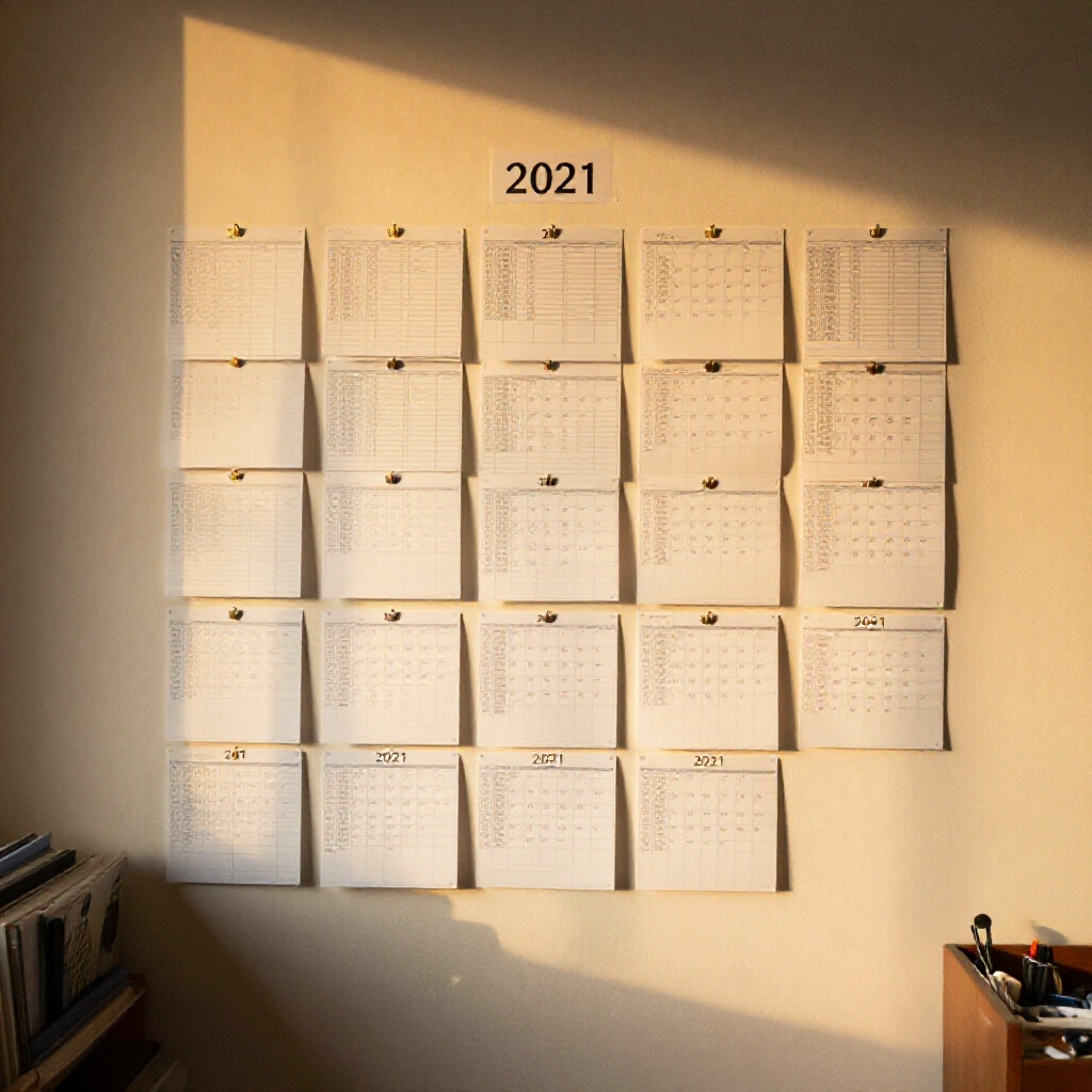 書房牆上整齊的2021年曆，每月貼滿開獎結果表，金黃午後光線讓查資料超方便