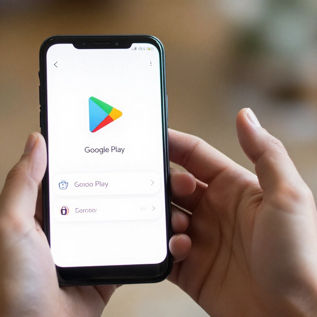 Android手機顯示APK安裝步驟，旁邊Google Play圖示與安全設定，手持模糊背景