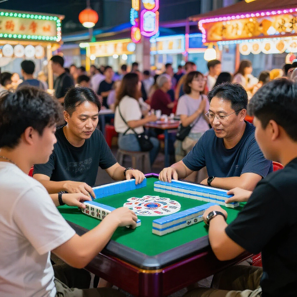 台灣夜市攤位兩人對坐玩簡化麻將，用筒子跟字牌，背景霓虹燈光跟興奮人群