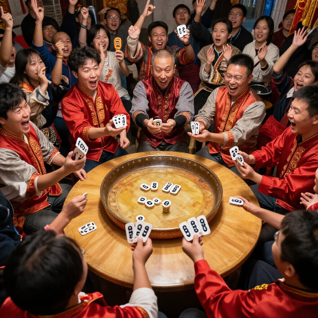 Thrilled players celebrating eighteen la roll with two pairs of sixes and four identical sixes displayed in bowl surrounded by cheering crowd in traditional Taiwanese gathering evoking game excitement