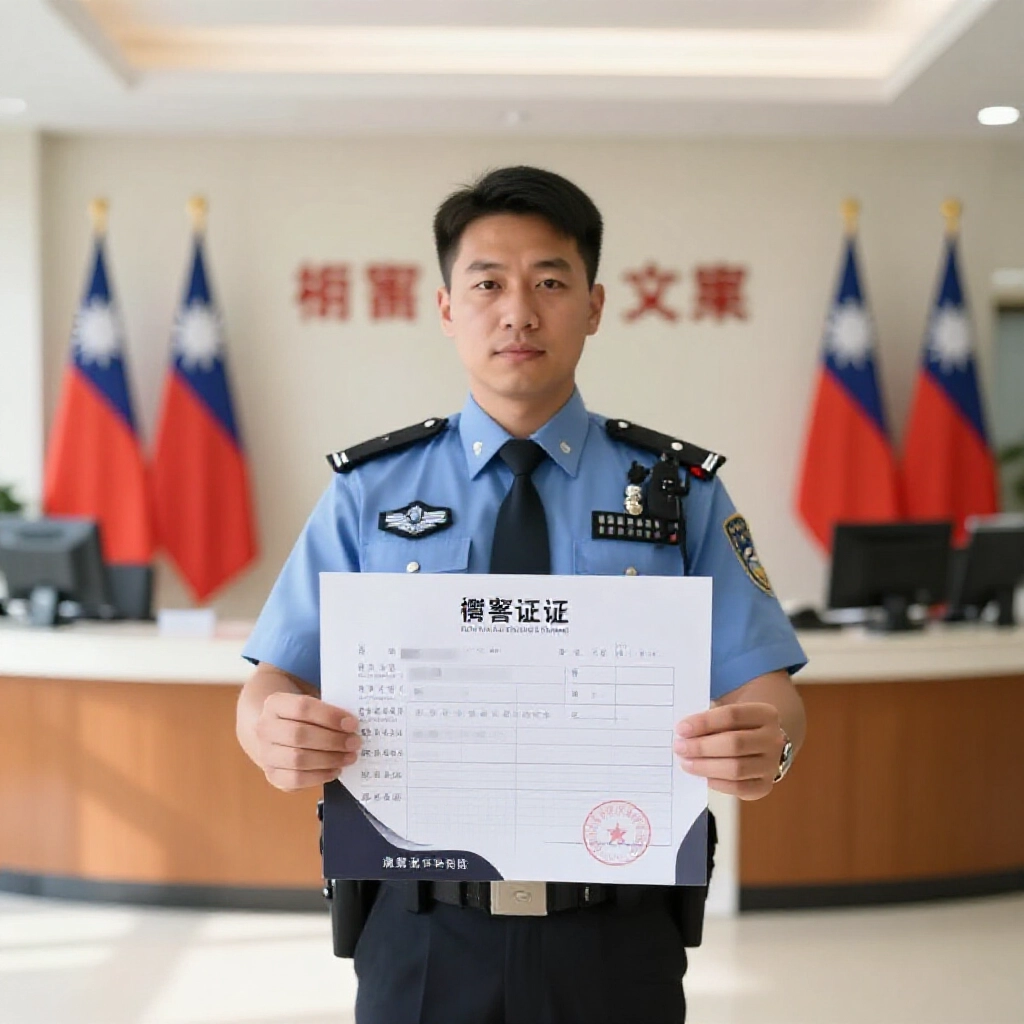 台灣民眾在明亮的警察局大廳,手持乾淨的警察刑事紀錄證明書,周圍有國旗與櫃檯,早晨柔光營造專業寧靜氛圍