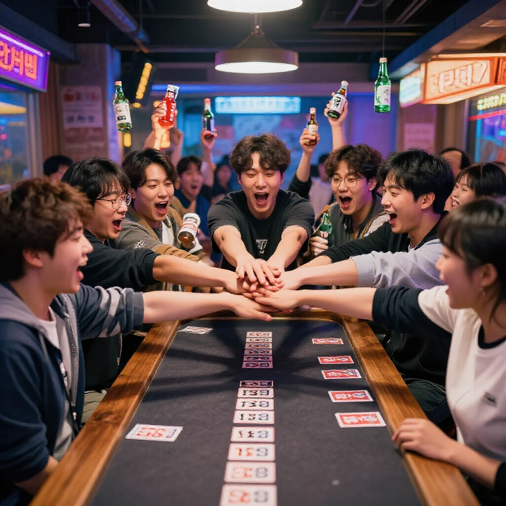 韓式APT遊戲玩家喊著節奏疊手,莊家叫樓層數,興奮臉龐環繞彩色燒酒瓶,霓虹燈下的東區潮流氛圍