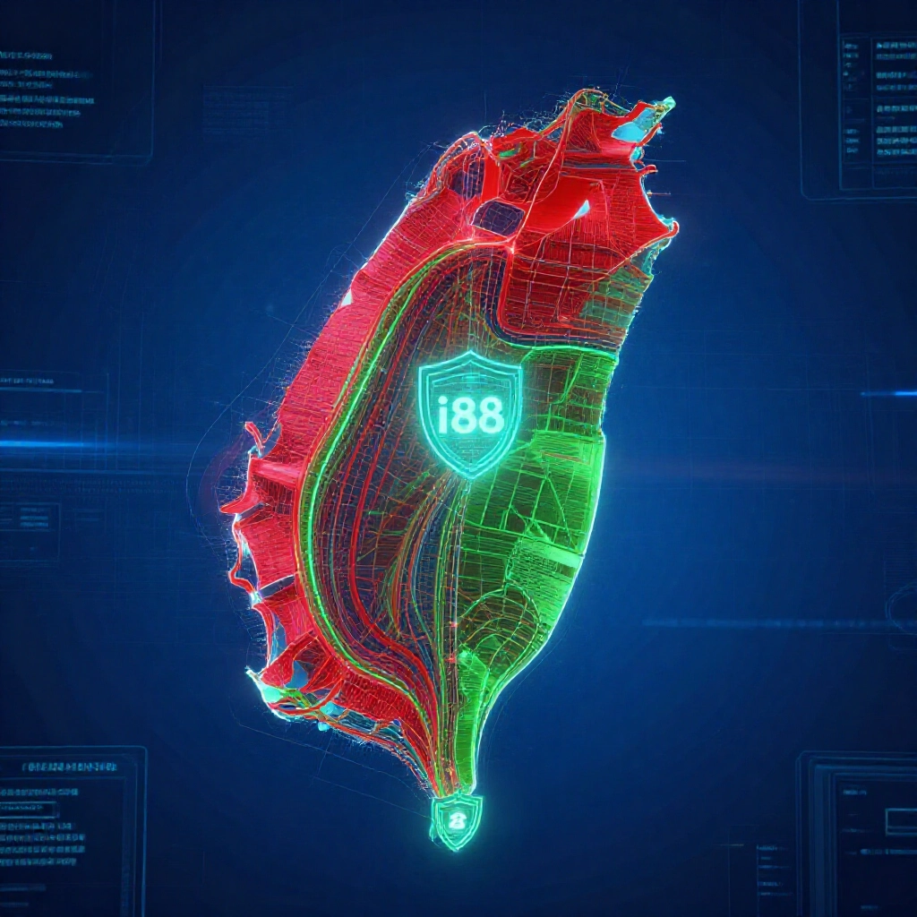 futuristic digital network map over Taiwan showing red blocked paths and green secure tunnels directing to glowing i88 login portal with encryption shields in cyber blue tones