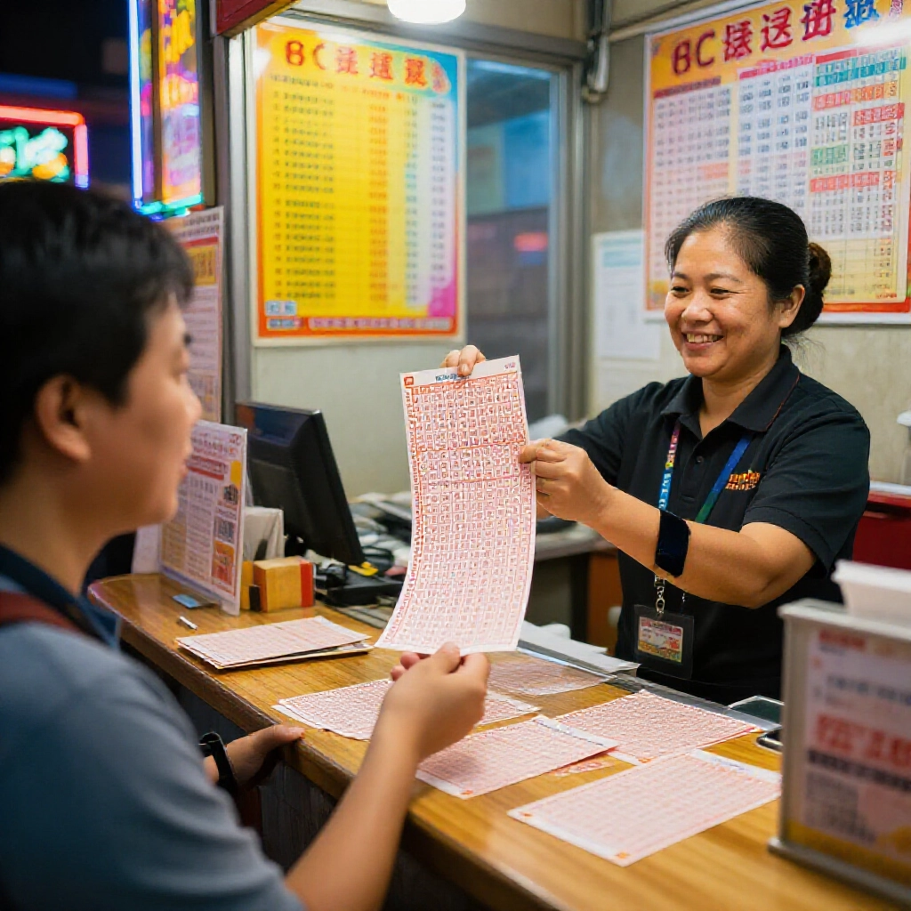 繁忙台灣樂透投注站,笑容店員遞給興奮顧客大樂透8碼系統票,繽紛海報霓虹燈木櫃投注單溫暖燈光