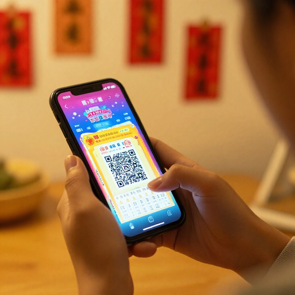 現代智慧型手機掃描色彩繽紛台灣彩券 QR Code,螢幕發出亮麗光芒,興奮使用者在溫馨家居金黃燈光與紅色幸運符背景