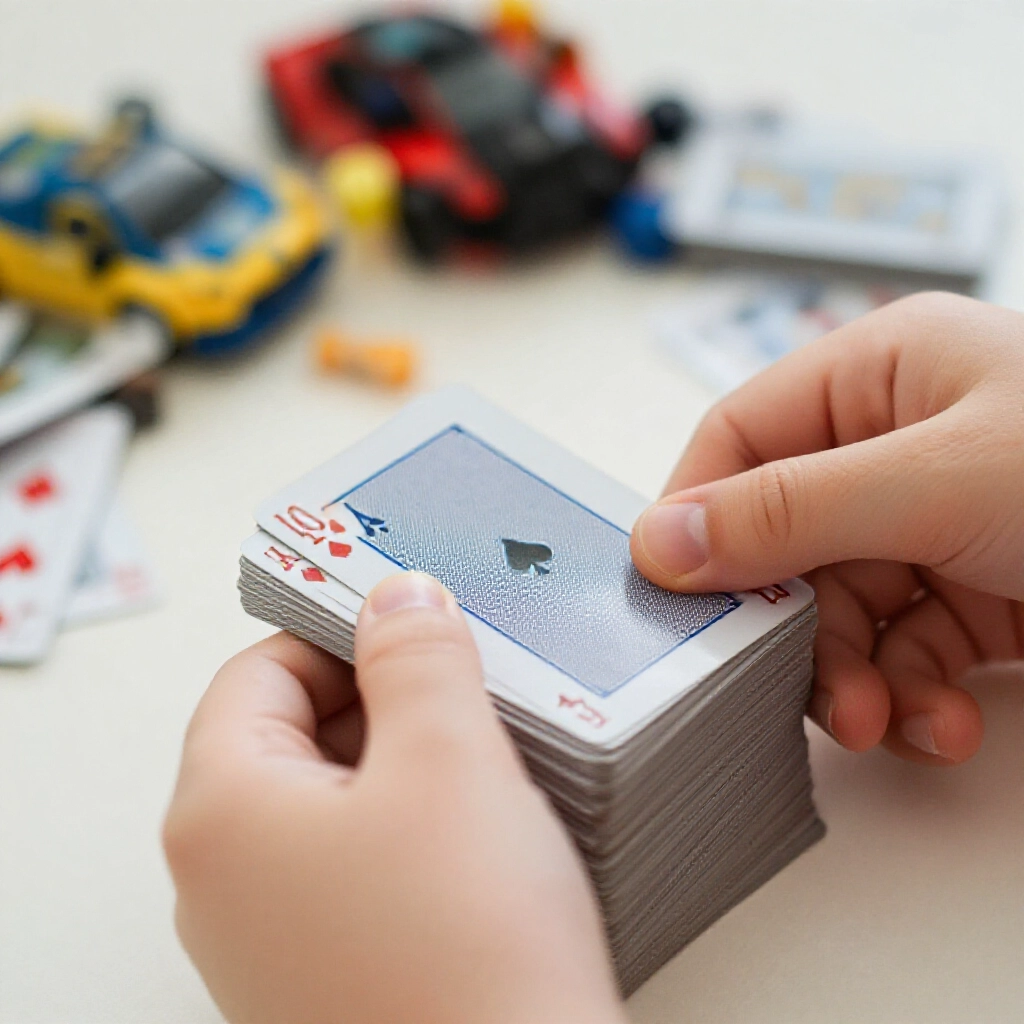 closeup of small child hands carefully stacking plastic poker cards contrasting with discarded electronic toys in background soft natural light highlighting texture and grip on durable cards emphasizing tactile play over screens