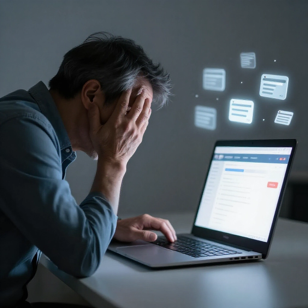 中年人彎腰盯著顯示線上投注介面的筆電螢幕，冷灰燈光下浮現凍結銀行帳戶圖示