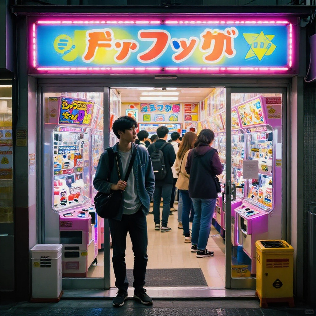 夜晚霓虹燈閃爍的柏青哥店門口,猶豫的年輕遊客站立,人群進出,內部傳來喧鬧聲響