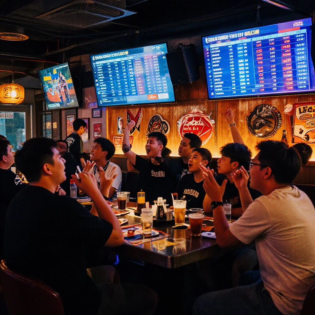 台灣運動酒吧熱鬧氛圍,籃球迷圍著發光的螢幕觀看NBA讓分、不讓分及大小分賠率,暖色霓虹燈光下充滿歡呼氣氛