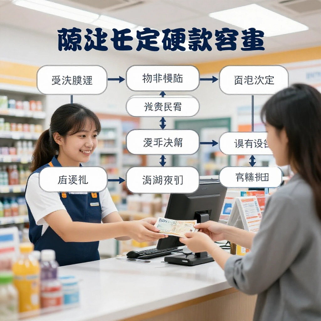 超商櫃台兌獎步驟流程圖,微笑店員在明亮燈光下遞出現金給顧客