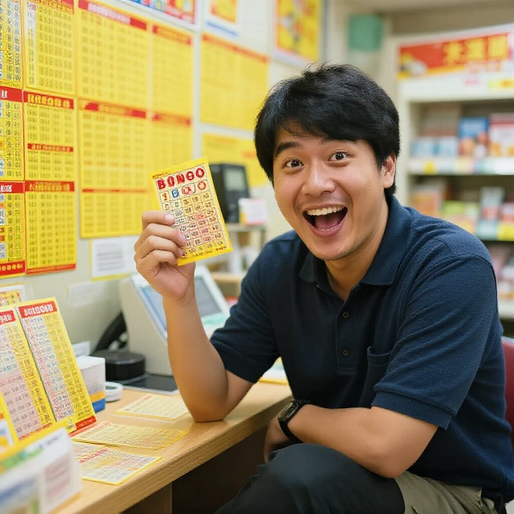 台灣彩券玩家在明亮的店裡高興地拿著賓果彩票,周圍有黃紅獎金圖表陳列在木質櫃檯上,暖光照明