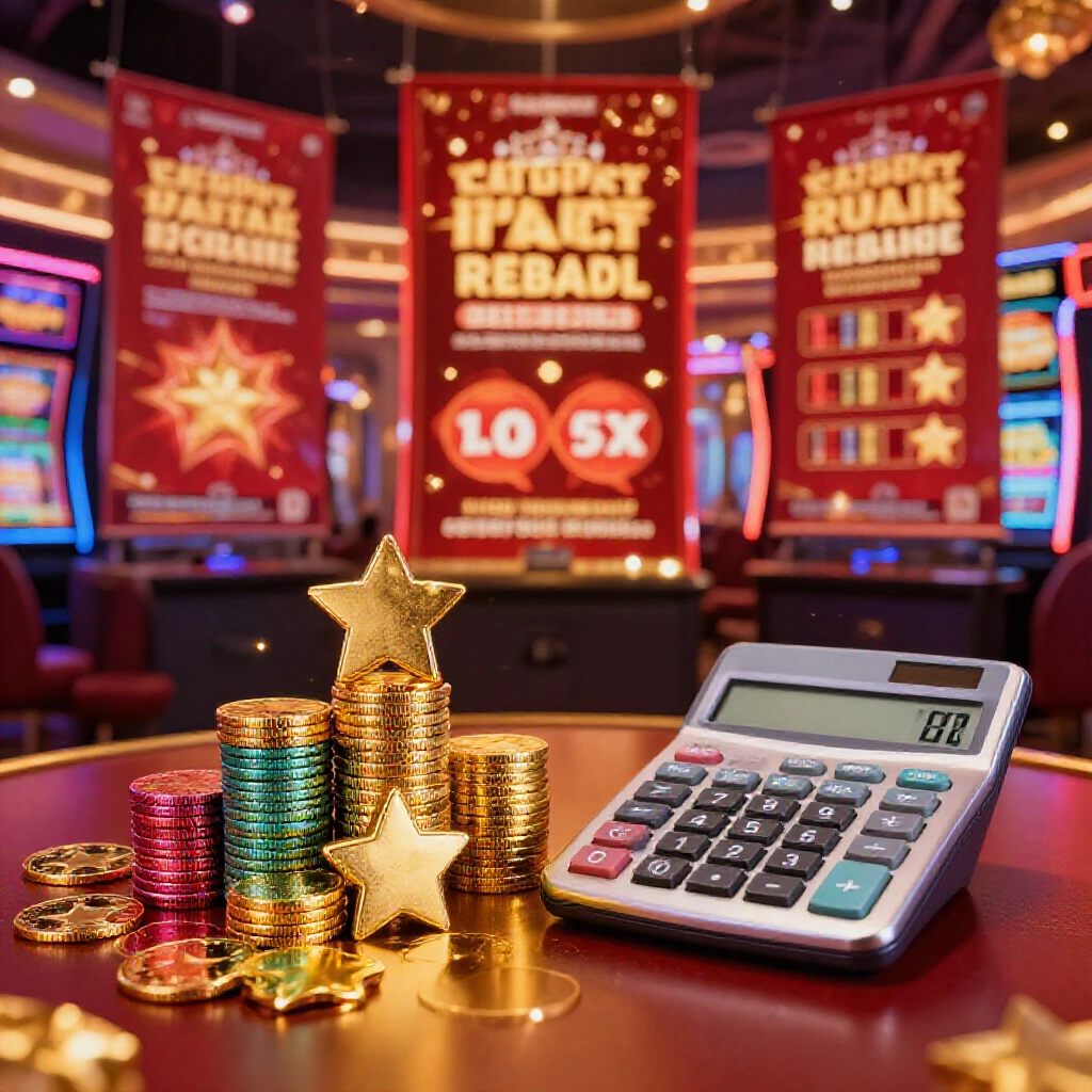 色彩繽紛金色星幣堆疊旁計算器計算回饋值,背景促銷橫幅,節慶紅金燈光,充滿活力的娛樂城大廳氛圍與閃耀頭獎燈光