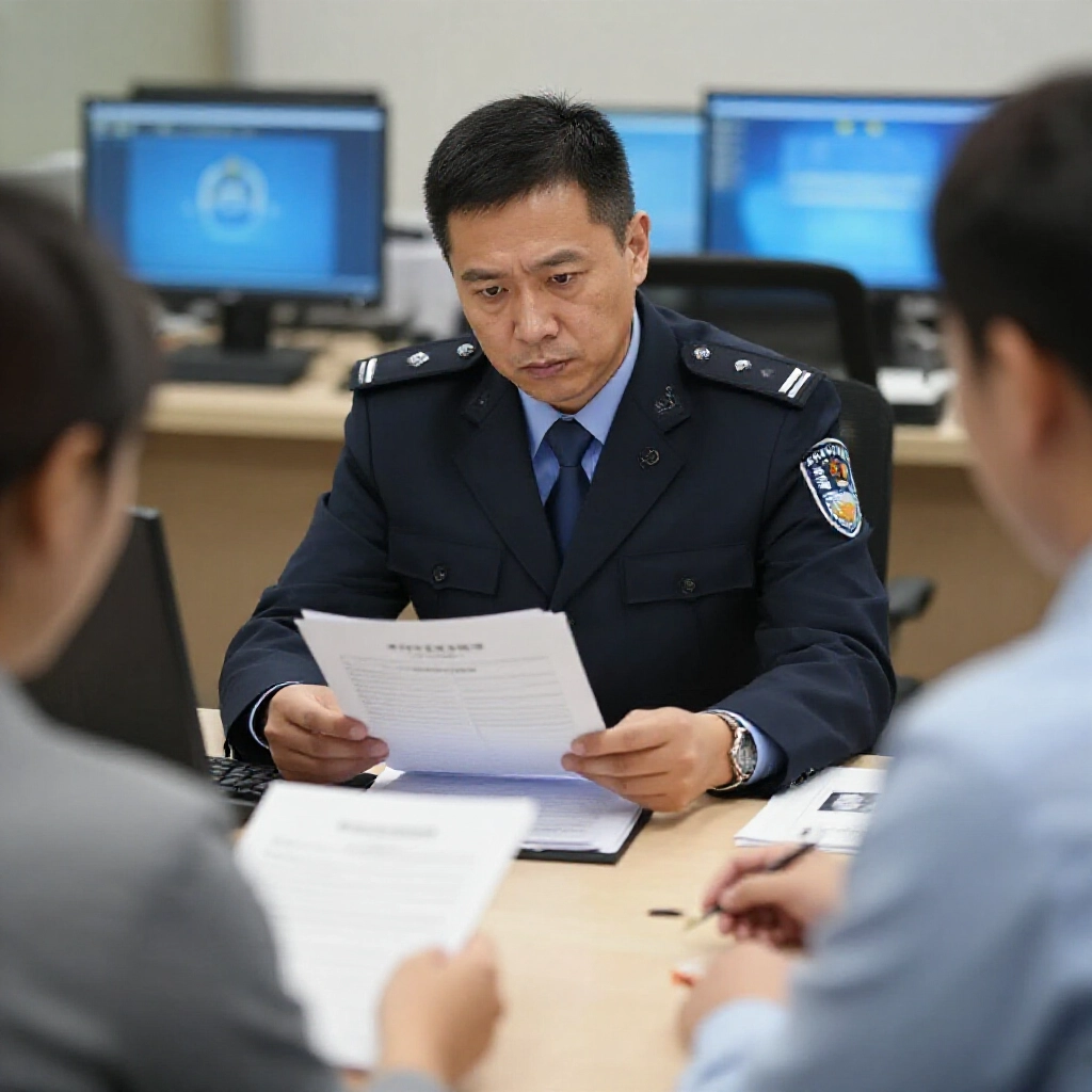 地檢署辦公室內,律師與當事人審閱賭博證據檔案,專注嚴肅表情,電腦螢幕發藍光,專業中性色調