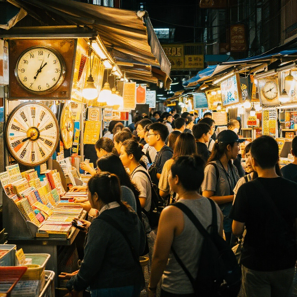 熱鬧的台灣夜市在溫暖金黃燈光下,人群圍繞著彩票攤位,快速轉動的時鐘和彩色彩票票券,喚起好奇與高能量興奮