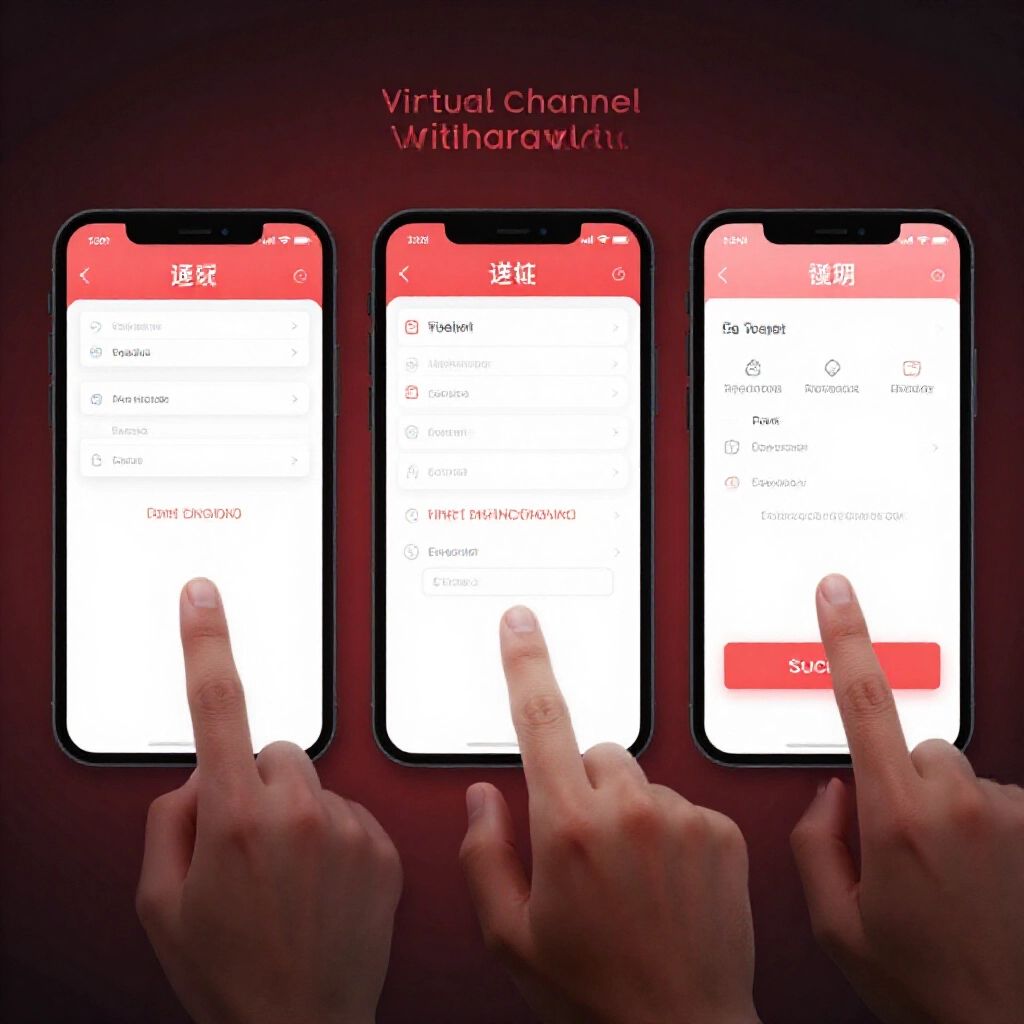 虛擬通路出金行動App逐步視覺指南，手指點擊帳戶設定驗證步驟成功通知，紅白主題逼真介面模擬聚焦聚光燈氛圍