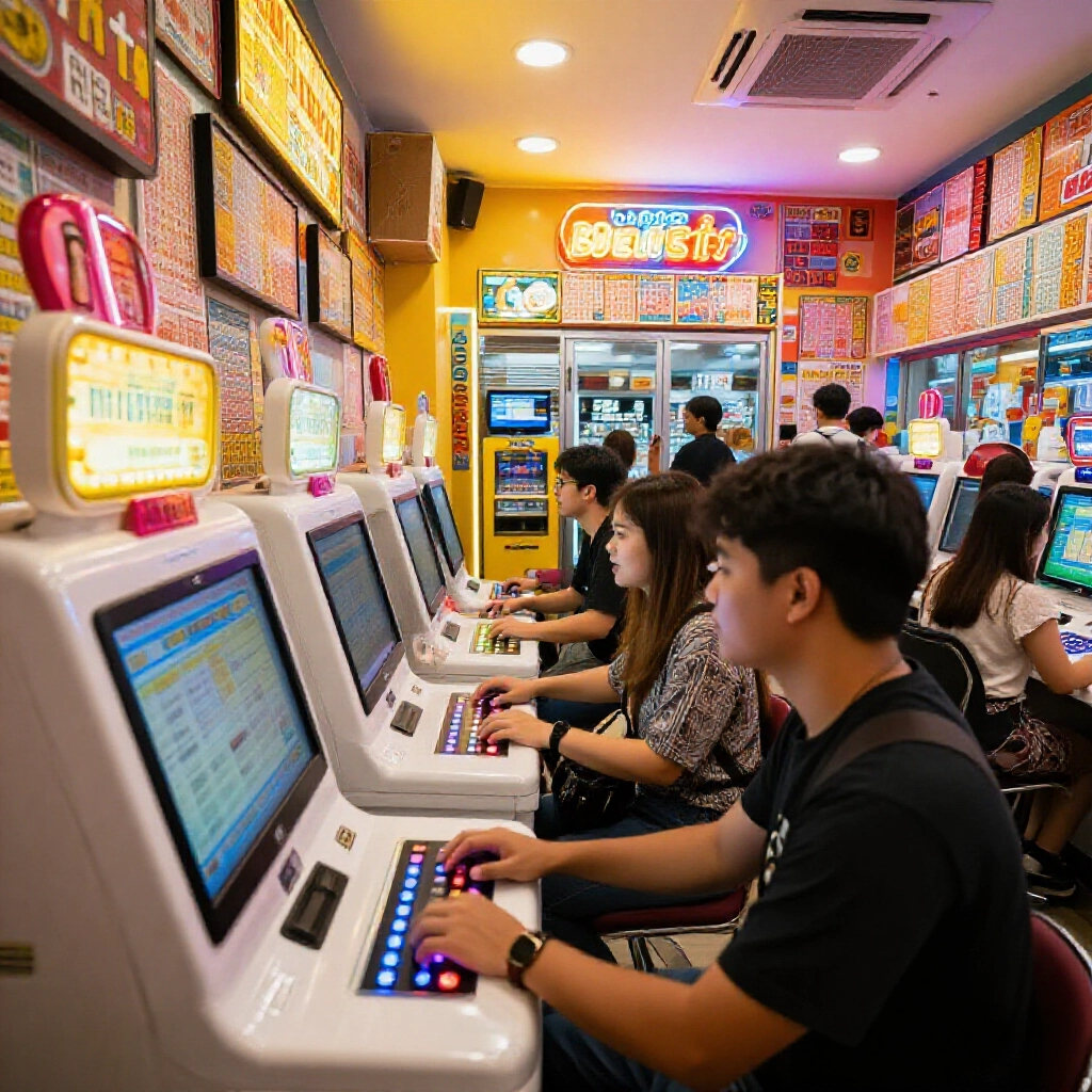 台灣彩券行內部熱鬧景象,興奮玩家按壓閃爍電腦選號按鈕,周遭彩色彩票與霓虹燈牌營造希望與期待氛圍