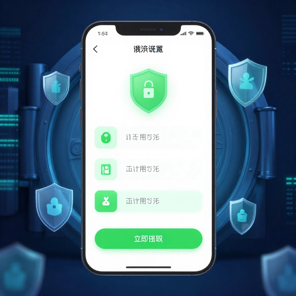 安全手機應用程式介面顯示提款步驟流程,綠色成功指標,保險庫般背景環繞保護盾牌與資料流,高科技藍色調安全氛圍
