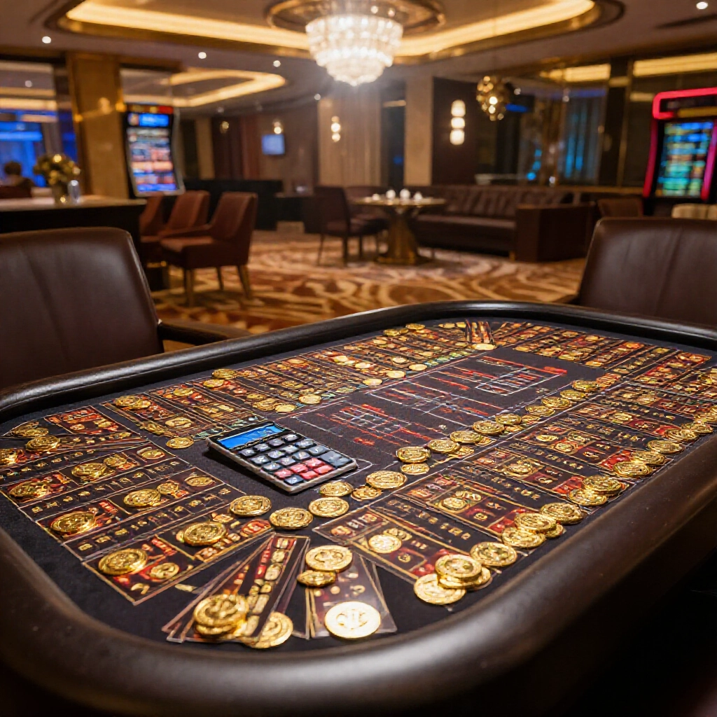 優雅遊戲桌鋪滿金幣促銷卡片與顯示投注倍數的數位計算機，置於明亮聚光燈下的豪華現代賭場休息室