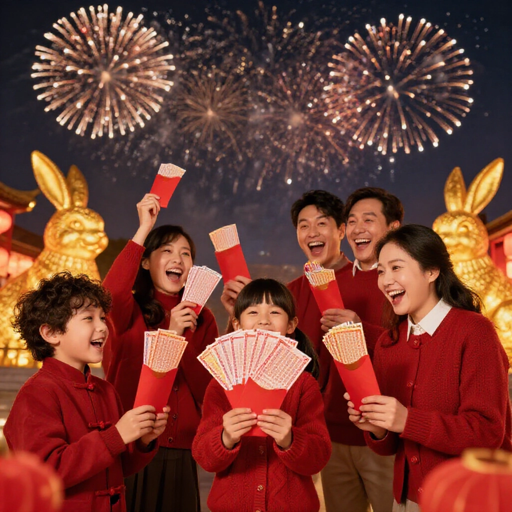 歡樂農曆新年慶祝，紅包爆開露出彩色樂透券，金兔雕像，煙火夜空爆開，家人歡笑，溫暖發光氛圍